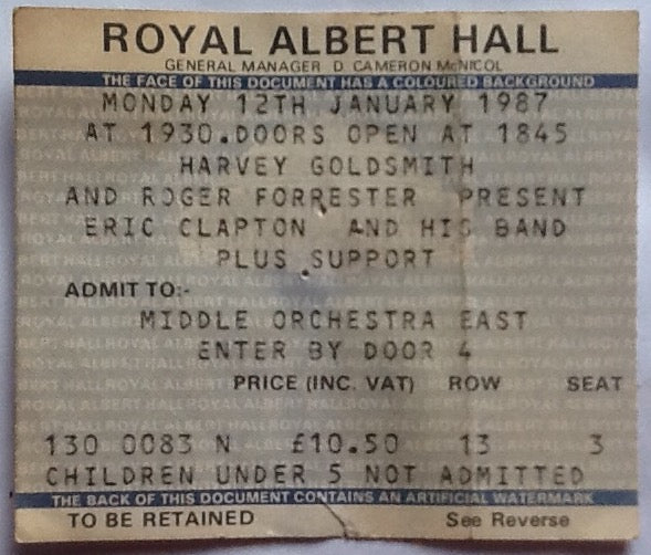 Eric Clapton Original Used Concert Ticket Royal Albert Hall London 12th Jan 1987