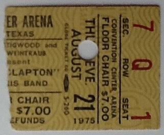 Cream Eric Clapton Original Used Concert Ticket Tarrant County Convention Center Arena Fort Worth 21st Aug 1975