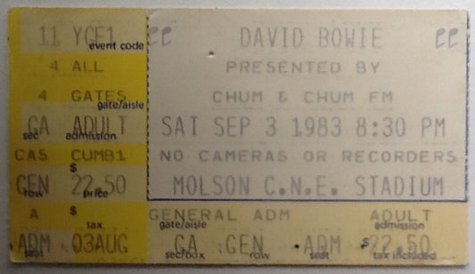 David Bowie Original Used Concert Ticket Molson CNE Stadium Toronto 1983