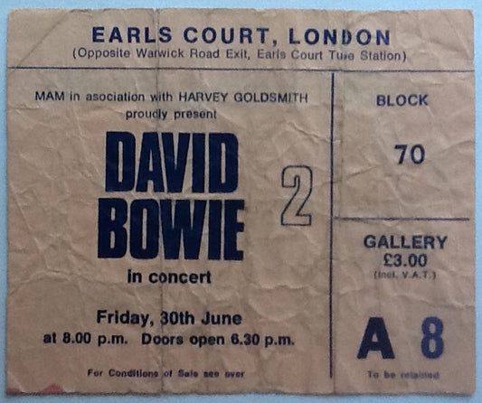 David Bowie Original Used Concert Ticket Earls Court London 1978