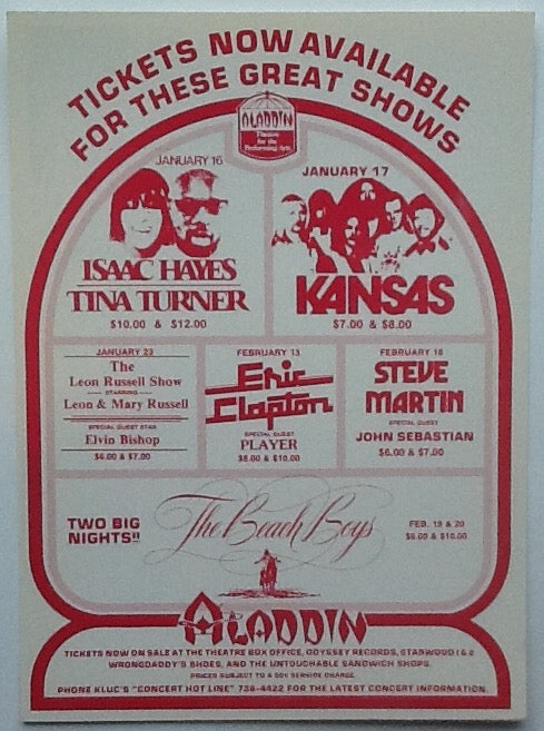 Eric Clapton Tina Turner Kansas Original Concert Handbill Flyer Postcard Aladdin Hotel Las Vegas 1978