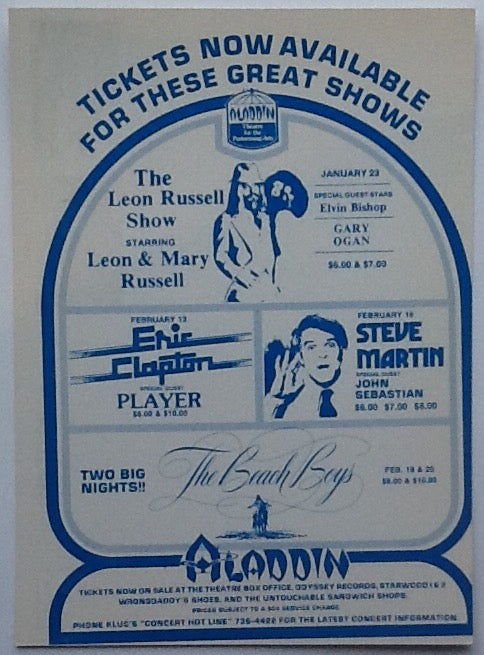 Eric Clapton The Beach Boys Original Concert Handbill Flyer Postcard Aladdin Hotel Las Vegas 1978