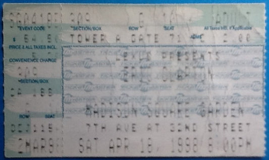 Eric Clapton Original Used Concert Ticket Madison Square Garden New York 18th April 1998