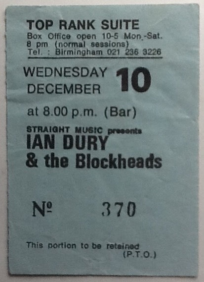 Ian Dury & The Blockheads Original Used Concert Ticket Top Rank Suite Birmingham 1980