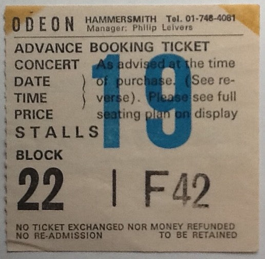 Ian Dury & The Blockheads Original Used Concert Ticket Hammersmith Odeon London 1978