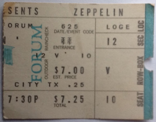 Led Zeppelin Original Used Concert Ticket Forum Los Angeles 1972