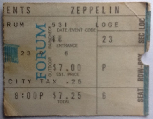 Led Zeppelin Original Used Concert Ticket Forum Los Angeles 1973