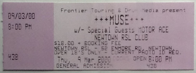 Muse Original Unused Concert Ticket Newtown RSL Club Sydney 2000