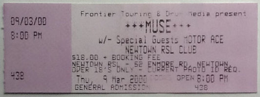 Muse Original Unused Concert Ticket Newtown RSL Club Sydney 2000