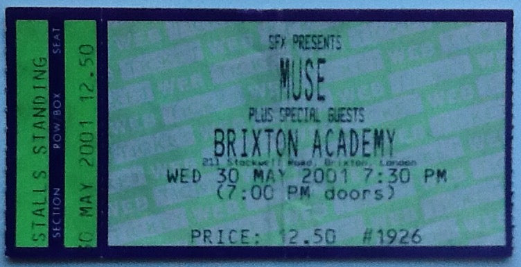Muse Original Concert Ticket Brixton Academy London 2001