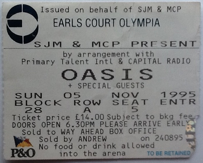 Oasis Original Used Concert Ticket Earls Court Olympia London 5th Nov 1995