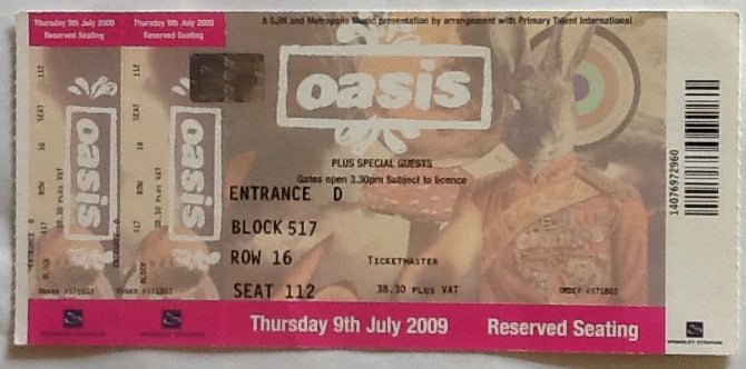 Oasis Original Unused Concert Ticket Wembley Stadium London 9th July 2009
