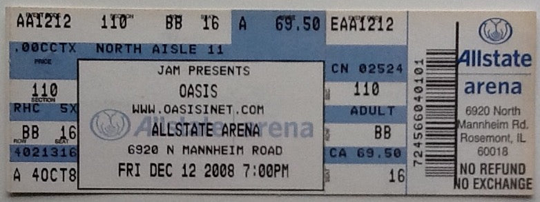 Oasis Original Unused Complete Concert Ticket Allstate Arena Chicago 2008
