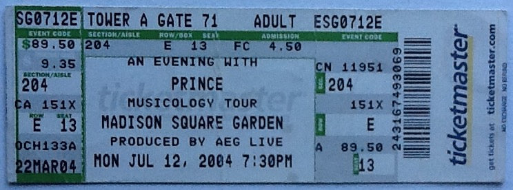 Prince Original Unused Concert Ticket Madison Square Garden New York 2004