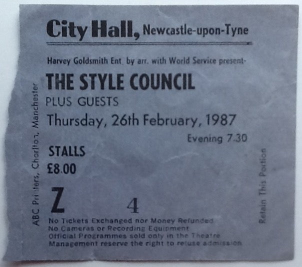 Jam Style Council Original Used Concert Ticket City Hall Newcastle-upon-Tyne 1987