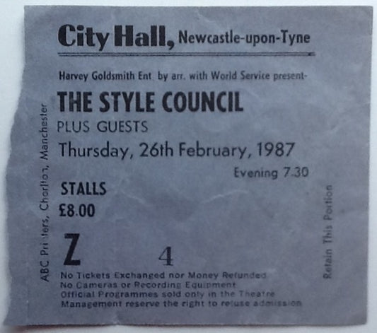 Jam Style Council Original Used Concert Ticket City Hall Newcastle-upon-Tyne 1987