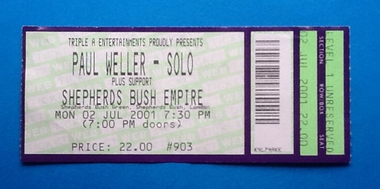 Paul Weller Original Unused Concert Ticket Shepherds Bush Empire London 2nd Jul 2001