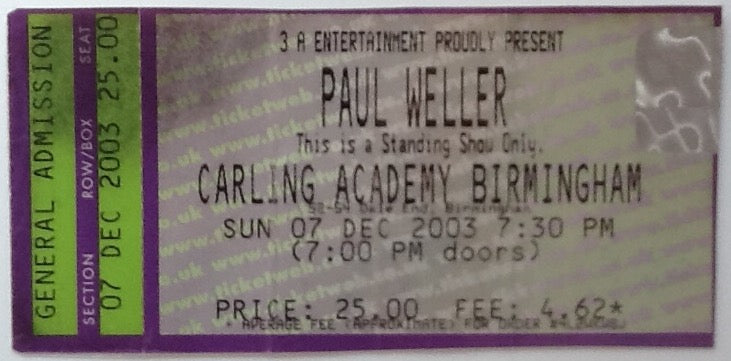 Paul Weller Original Used Concert Ticket Carling Academy Birmingham 2003