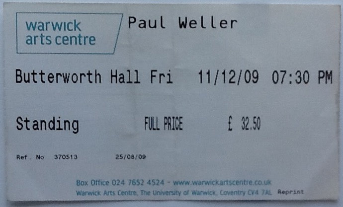 Paul Weller Original Used Concert Ticket Butterworth Hall Warwick Arts Centre 2009
