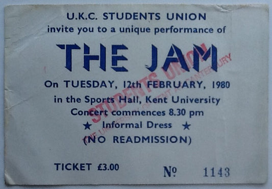 Jam Original Used Concert Ticket Sports Hall Kent University 1980