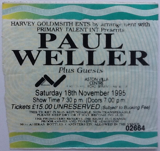 Paul Weller Original Used Concert Ticket Aston Villa Centre Birmingham 1995