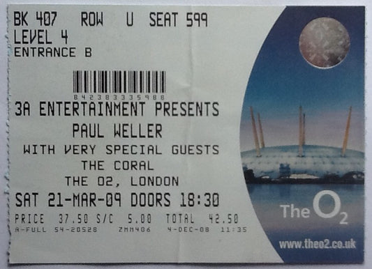 Paul Weller The Coral Original Used Concert Ticket O2 London 2009