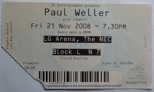 Paul Weller Original Used Concert Ticket NEC Birmingham 21st Nov 2008