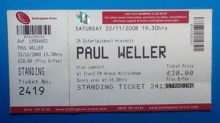 Paul Weller Unused Concert Ticket Nottingham 2008