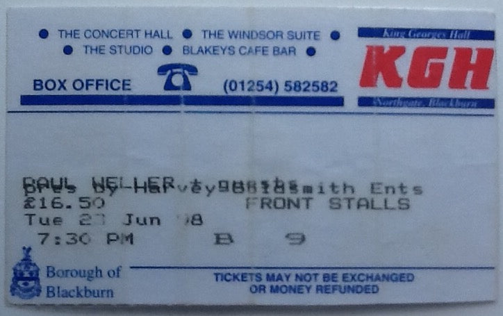Paul Weller Original Used Concert Ticket King Georges Hall Northgate Blackburn 1998