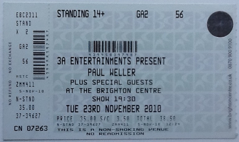 Paul Weller Original Unused Concert Ticket Brighton Centre 23rd Nov 2010