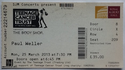 Paul Weller Original Used Concert Ticket Royal Albert Hall London 2013