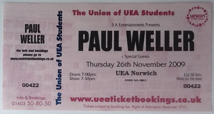 Paul Weller Original Unused Concert Ticket UEA Norwich 2009