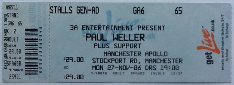 Paul Weller Original Unused Concert Ticket Apollo Theatre Manchester 2006