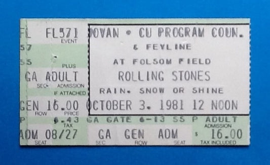 Rolling Stones Original Used Concert Ticket Colorado 1981