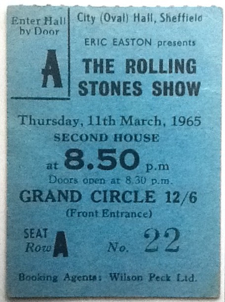 Rolling Stones Original Used Blue Concert Ticket City Hall Sheffield 1965
