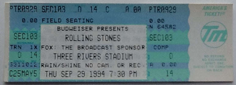 Rolling Stones Original Unused Concert Ticket Three Rivers Stadium Pittsburgh 29th Sep 1994