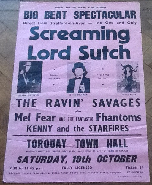 Screaming Lord Sutch Original Concert Tour Gig Poster Town Hall Torquay 1963