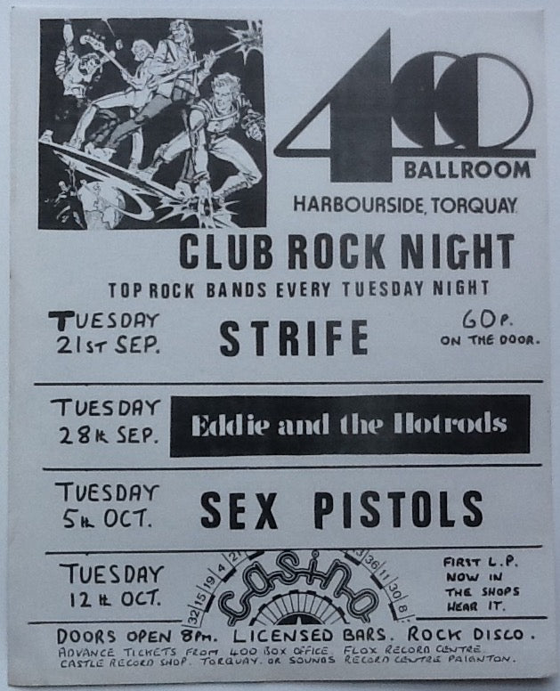 Sex Pistols Original Concert Handbill Flyer 400 Ballroom Club Torquay 1976