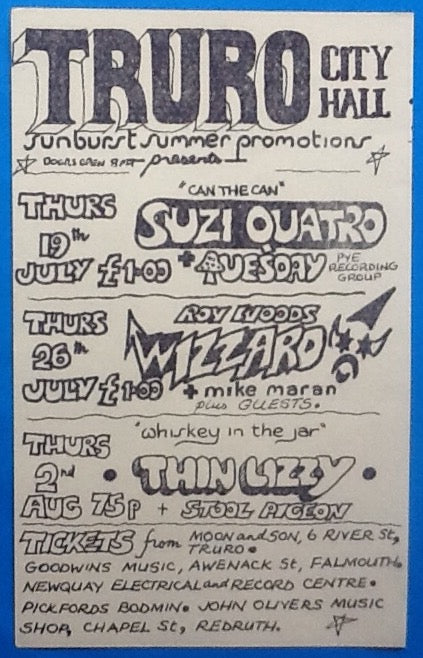 Thin Lizzy Wizzard Original Concert Handbill Flyer Truro 1973