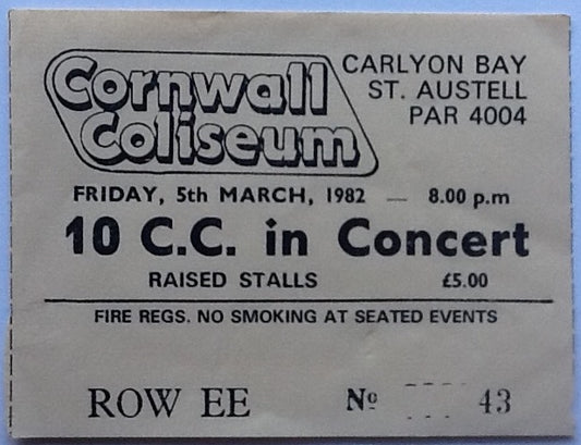 10cc Original Used Concert Ticket Cornwall Coliseum St. Austell 1982