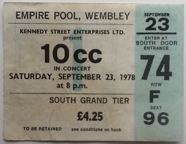 10cc Original Used Concert Ticket Empire Pool Wembley London 1978