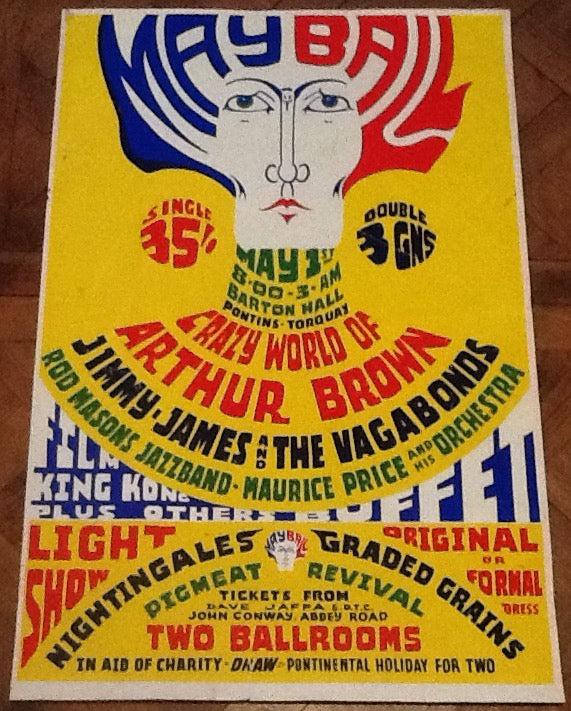 Arthur Brown Jimmy James Original Concert Tour Gig Poster Pontins Barton Hall Torquay 1968