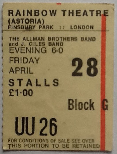 Allman Brothers J. Giles Band Original Used Concert Ticket Rainbow Theatre London 1972
