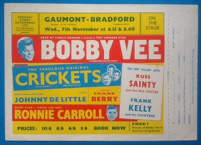 Bobby Vee Crickets Handbill- Flyer Bradford 1967