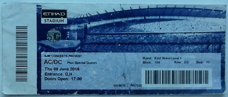 AC-DC Original Used Concert Ticket Etihad Stadium Manchester 2016