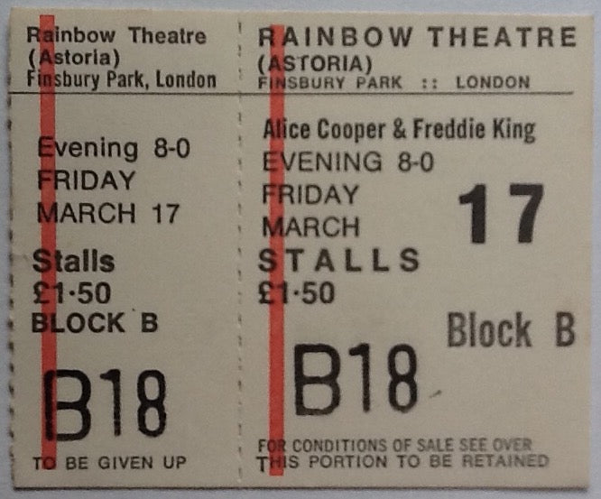 Alice Cooper Original Unused Concert Ticket Rainbow Theatre London 1972