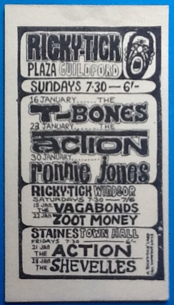 T Bones The Action Original Concert Handbill Flyer Ricky Tick Club Windsor Staines Guildford 1966