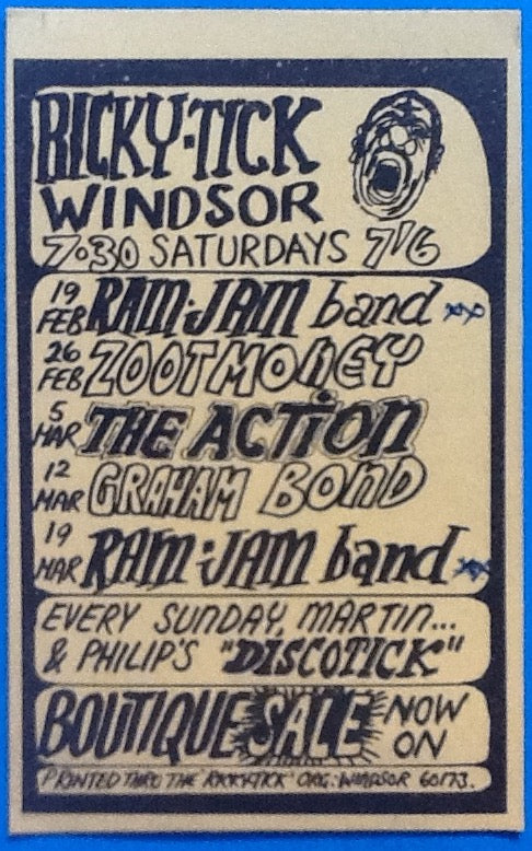 Zoot Money Action Original Concert Handbill Flyer Ricky Tick Club Windsor 1966