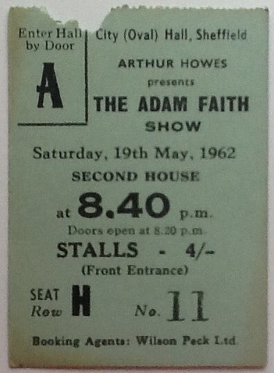 Adam Faith Original Concert Ticket City Hall Sheffield 1962