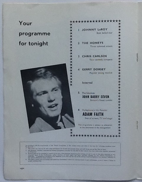 Adam Faith Original Concert Programme Colston Hall Bristol 1961